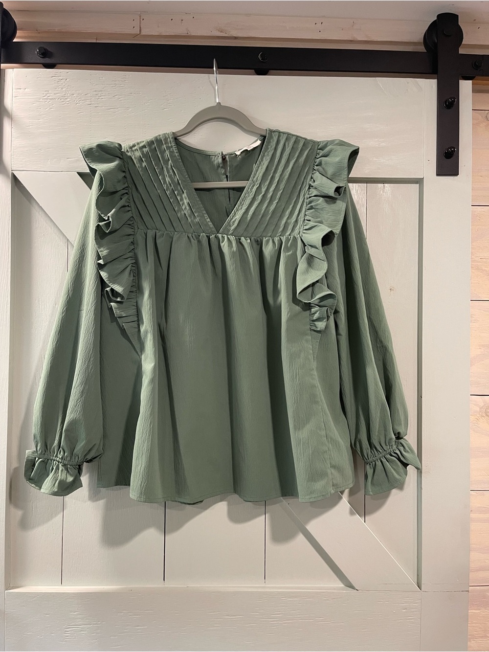 entro Sage Pintuck Ruffle V-Neck Blouse